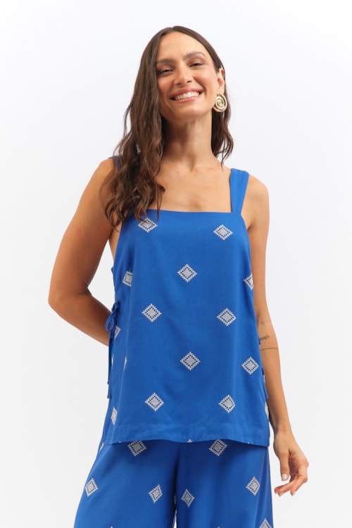 Blusa Bordado Geometrico Azul Gruta - foto 1