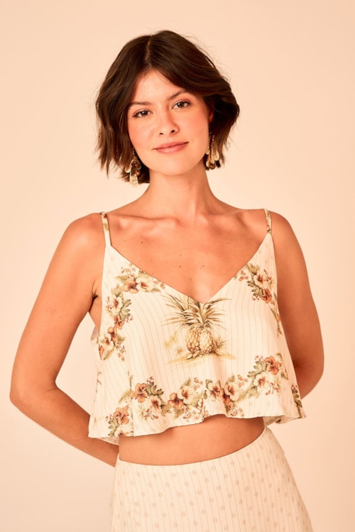 Blusa Cropped Barrado Tropical Estampado - foto 2