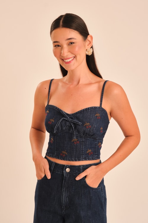Blusa Jeans Bordado Cereja Jeans - foto 2