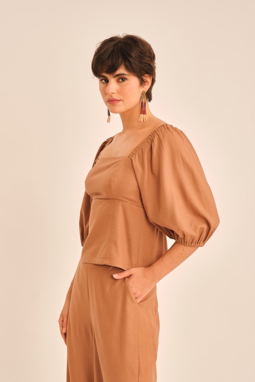 Blusa Linho Miragem Bege Tahine - foto 6