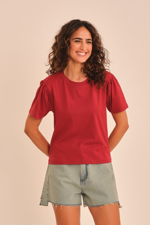 Blusa Manga Franzida Vermelho Hibisco - foto 1