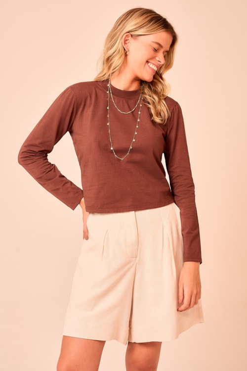 Blusa Manga Longa Basica Marrom - foto 2