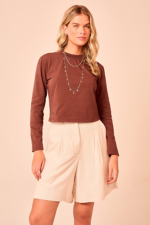 Blusa Manga Longa Basica Marrom - foto 1