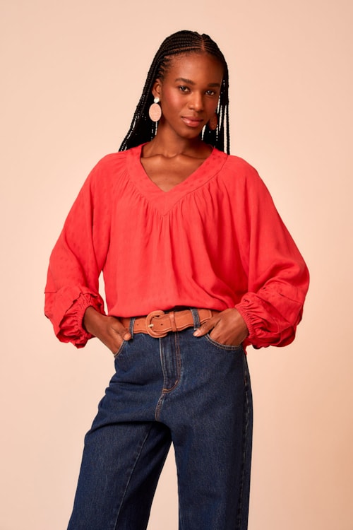 Blusa Poa Maquinetado Vermelho Rubi - foto 1