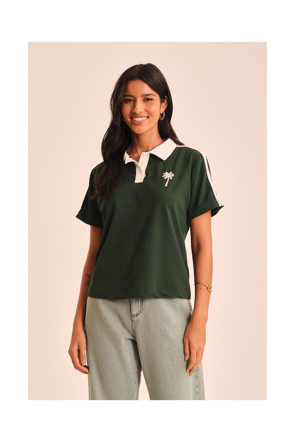 Blusa Polo Bordado Coqueiro Verde Jade