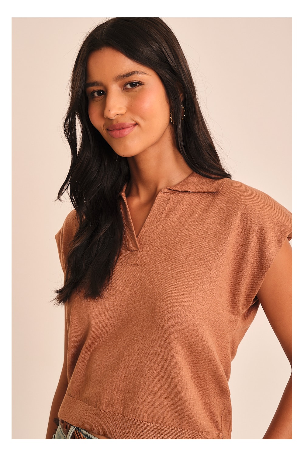 Blusa Polo Tricot Bege Tahine