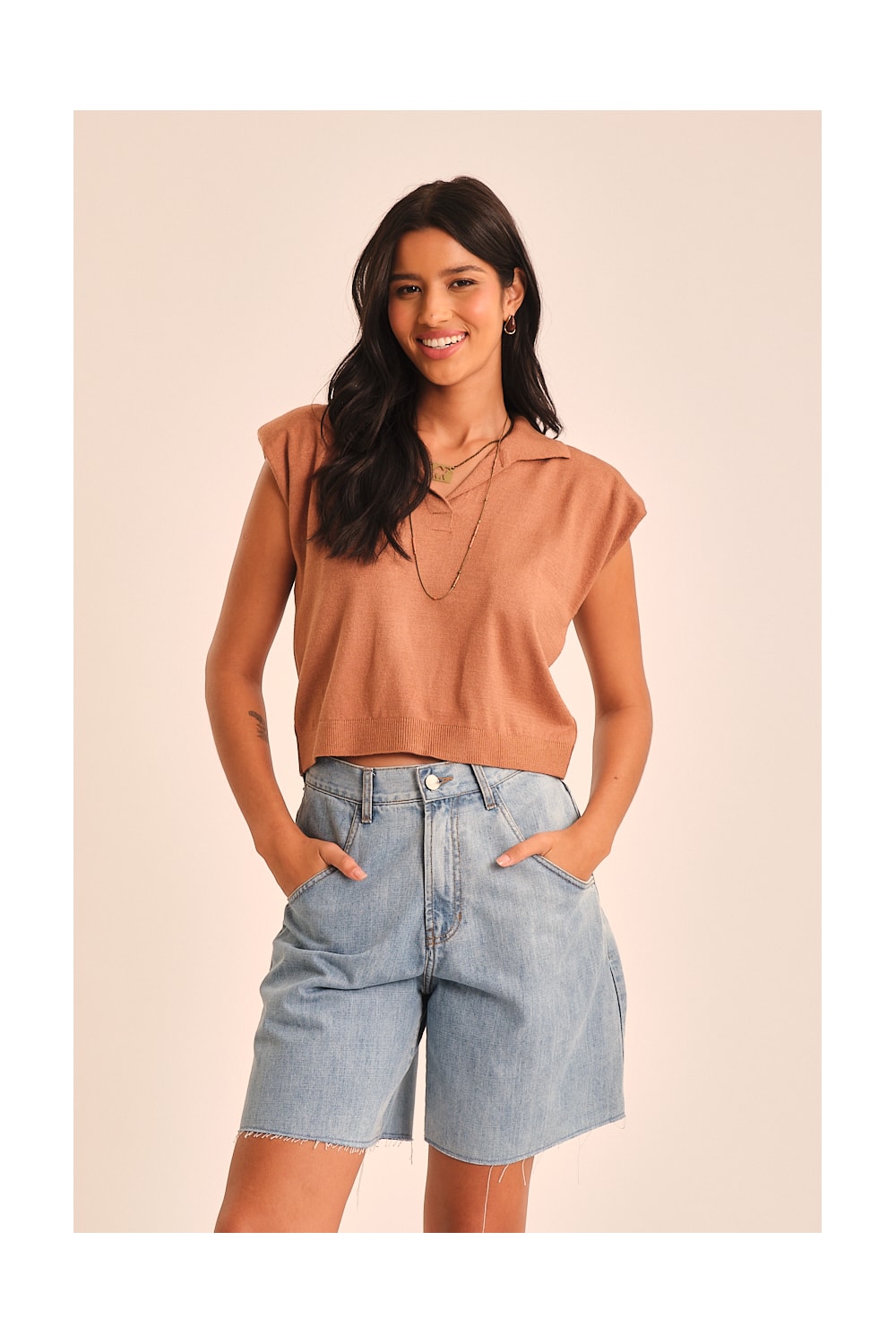 Blusa Polo Tricot Bege Tahine