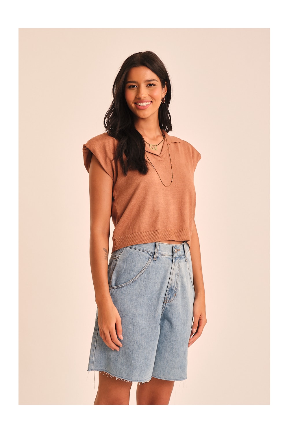 Blusa Polo Tricot Bege Tahine