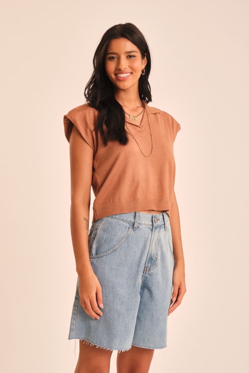 Blusa Polo Tricot Bege Tahine - foto 3