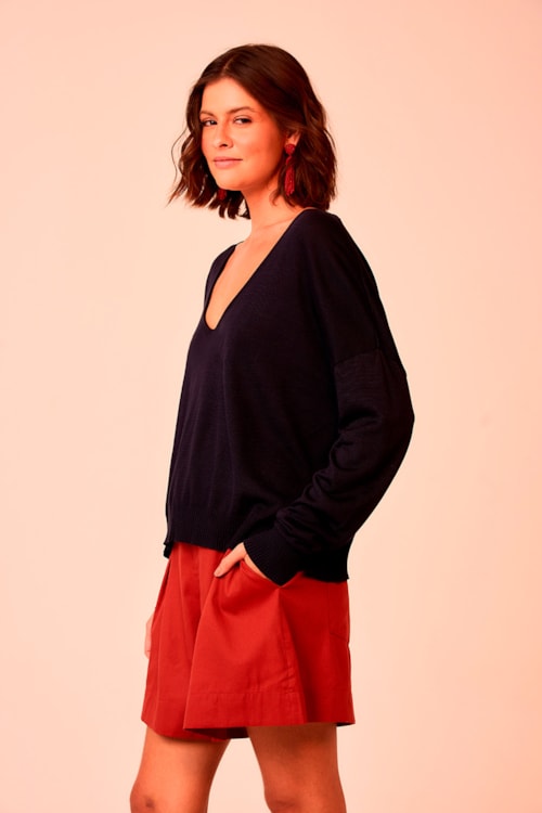 Blusa Tricot Manga Longa Azul Petroleo - foto 2