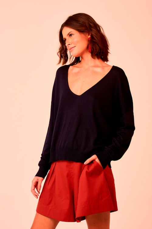Blusa Tricot Manga Longa Azul Petroleo - foto 1