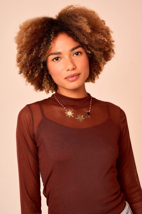 Blusa Tule Gola Alta Marrom Cacau - foto 3