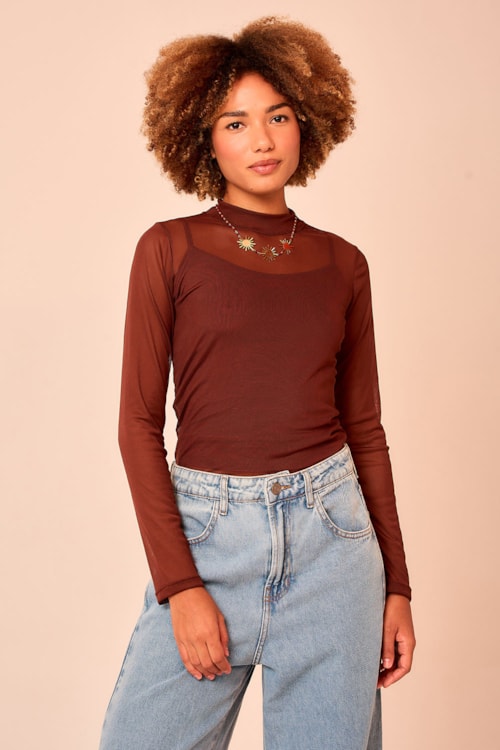 Blusa Tule Gola Alta Marrom Cacau - foto 4