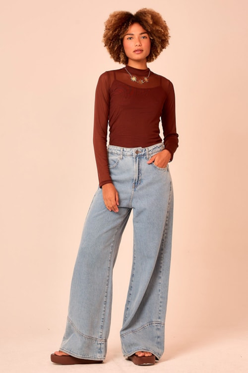 Blusa Tule Gola Alta Marrom Cacau - foto 1