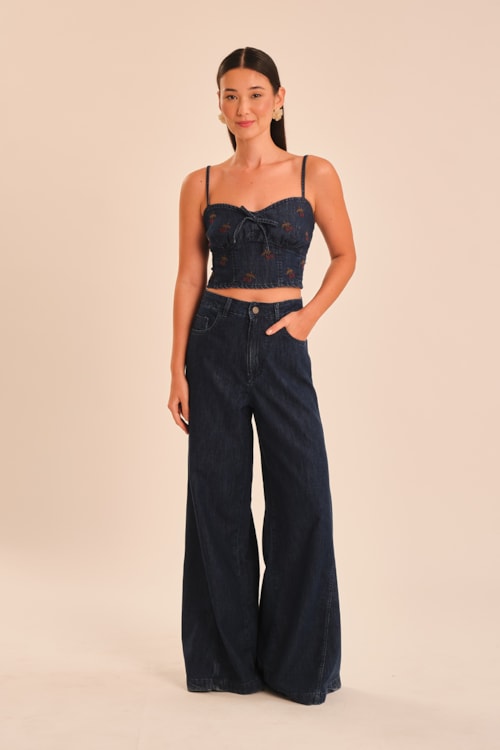 Calca Jeans Bordado Cereja Jeans - foto 1