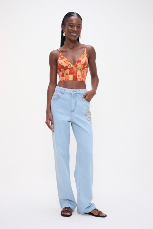 Calca Jeans Bordado Flor Jeans Claro - foto 1