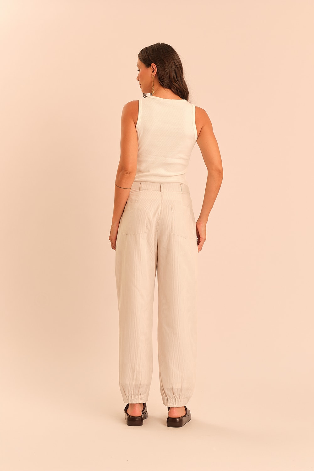 Calca Listra Lina Bege Natural