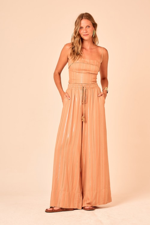 Calca Pantalona Chevron Lurex Bege - foto 1