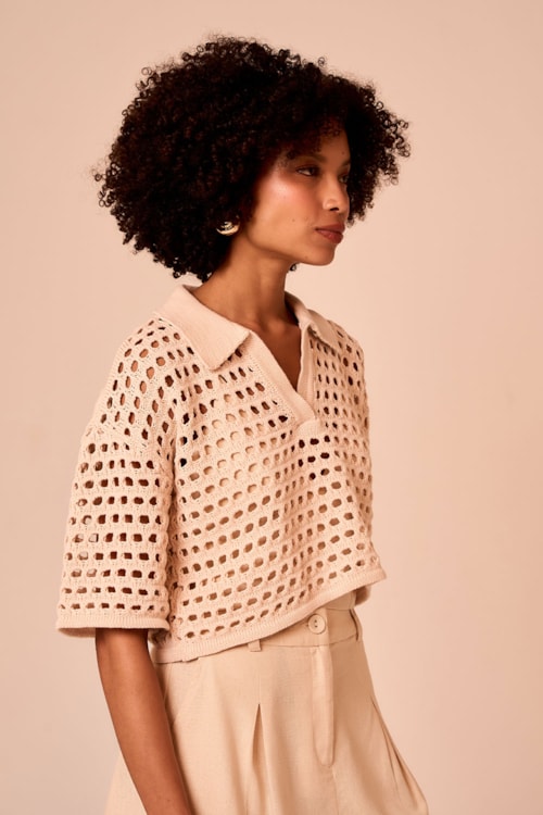 Camisa Tricot Ponto Vazado Perola - foto 2