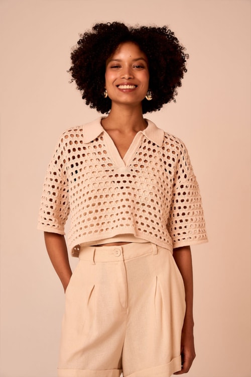 Camisa Tricot Ponto Vazado Perola - foto 1