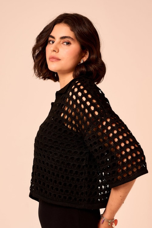 Camisa Tricot Ponto Vazado Preto - foto 2