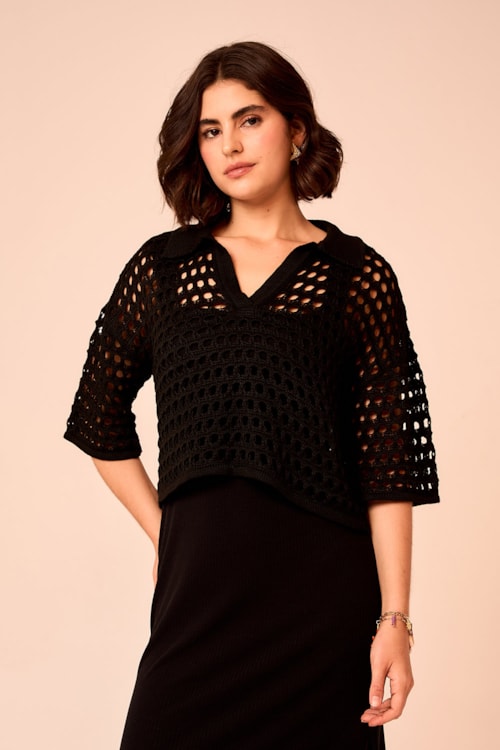 Camisa Tricot Ponto Vazado Preto - foto 1