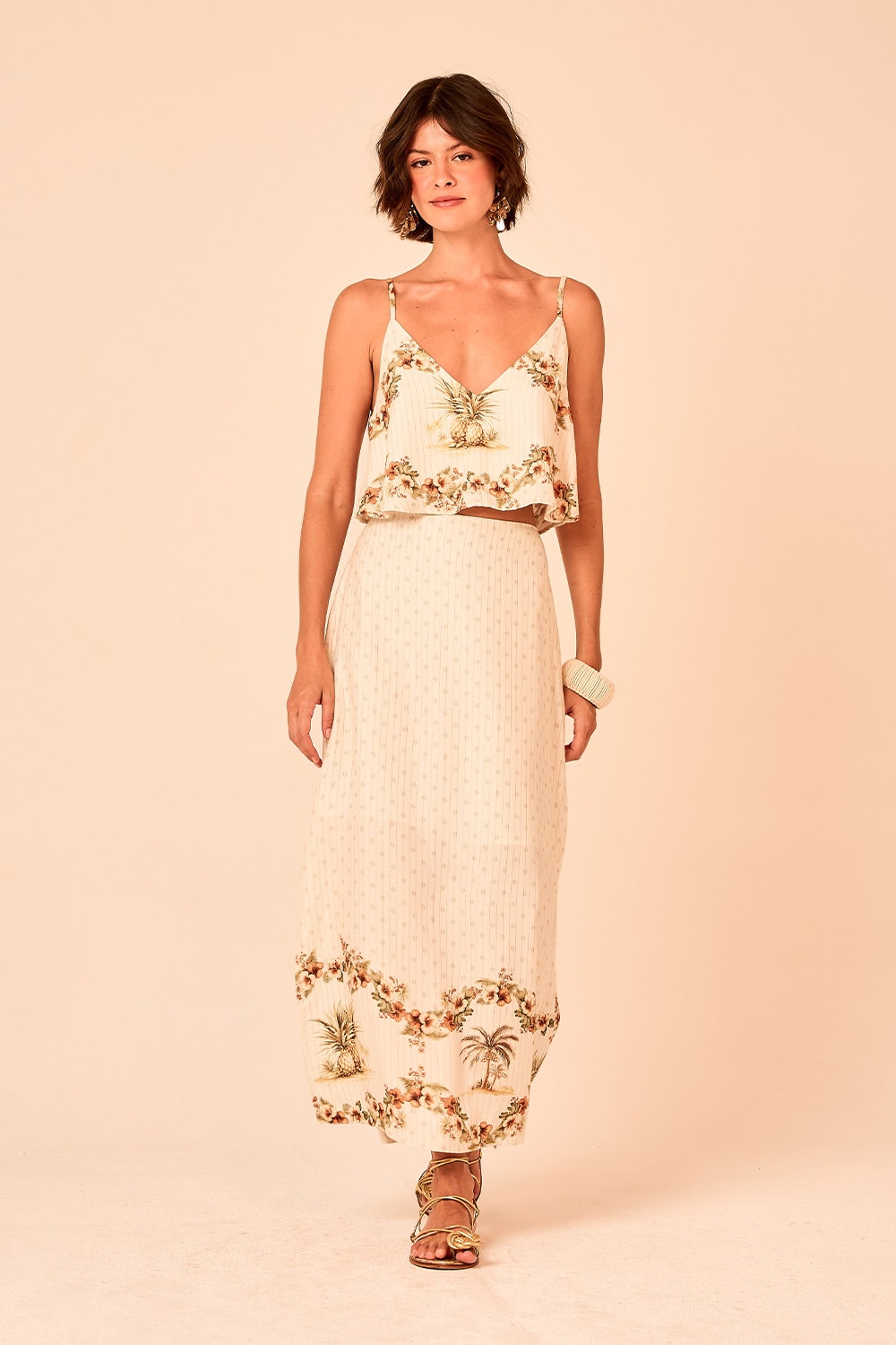 Saia Cropped Barrado Tropical Estampado
