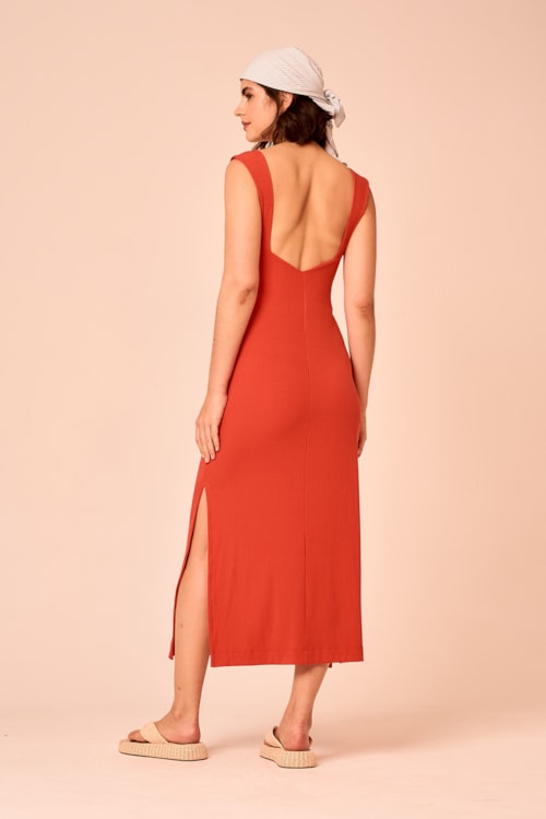 Vestido Canelado Decote Quadrado Laranja Tangerina - foto 3