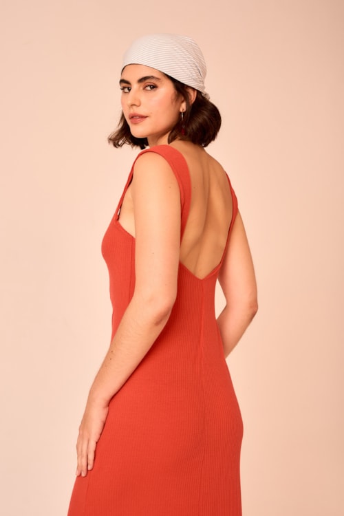 Vestido Canelado Decote Quadrado Laranja Tangerina - foto 4
