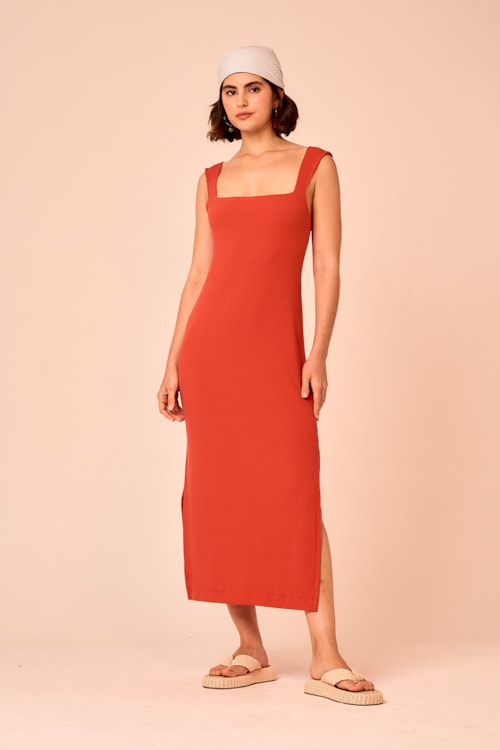 Vestido Canelado Decote Quadrado Laranja Tangerina - foto 1