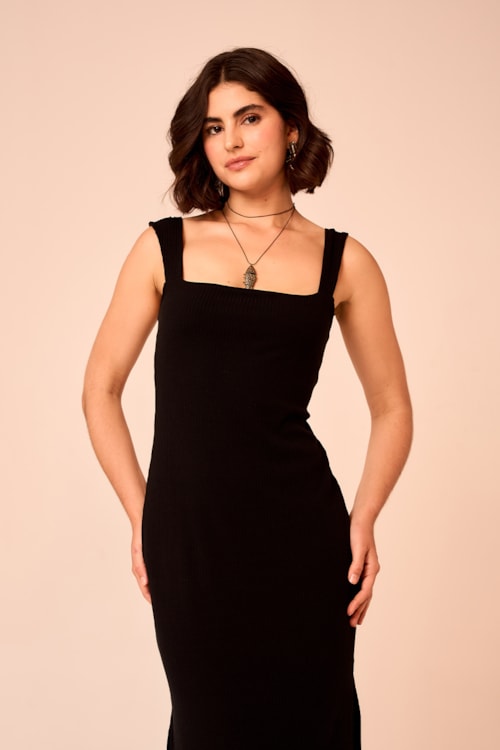Vestido Canelado Decote Quadrado Preto - foto 4