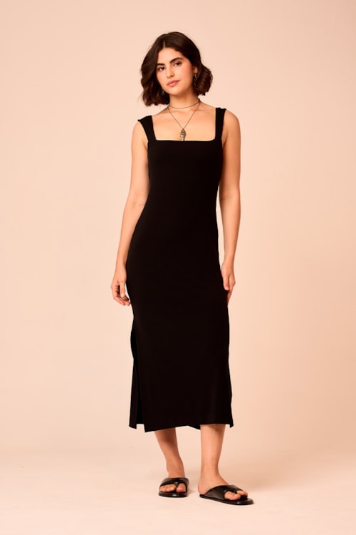 Vestido Canelado Decote Quadrado Preto - foto 1