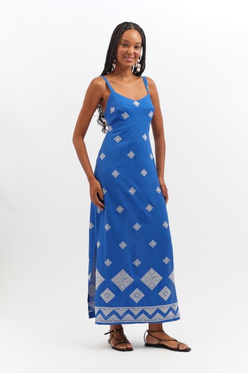 Vestido Cropped Bordado Geometrico Azul Gruta - foto 1