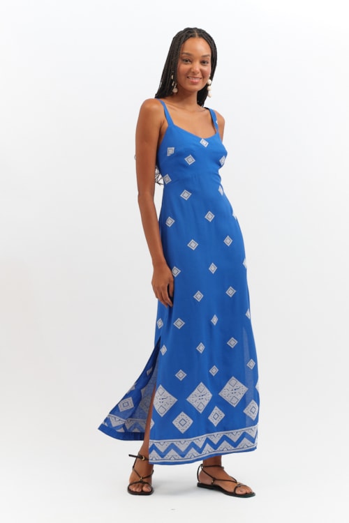 Vestido Cropped Bordado Geometrico Azul Gruta - foto 3