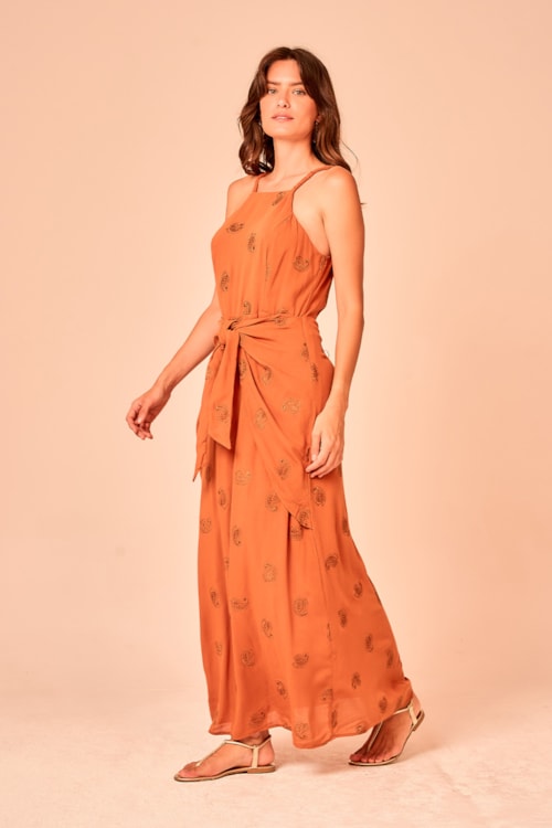 Vestido Cropped Bordado Paisley Ocre - foto 3