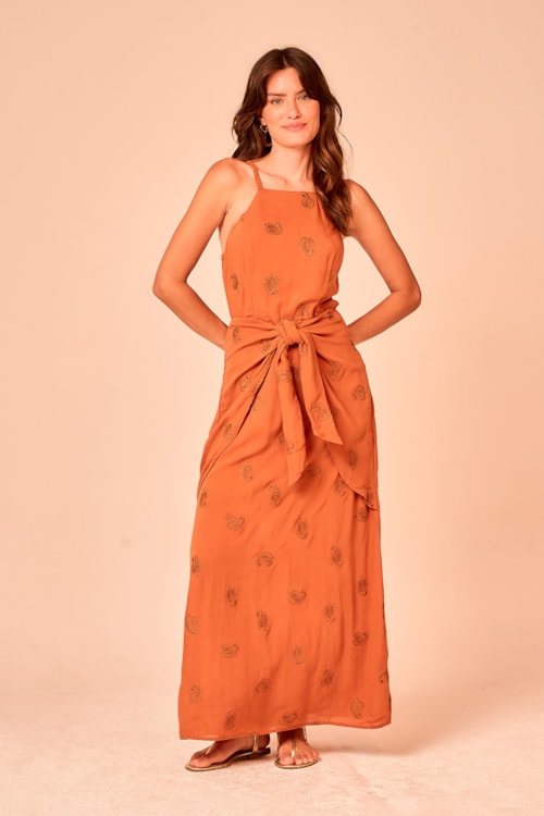 Vestido Cropped Bordado Paisley Ocre - foto 1