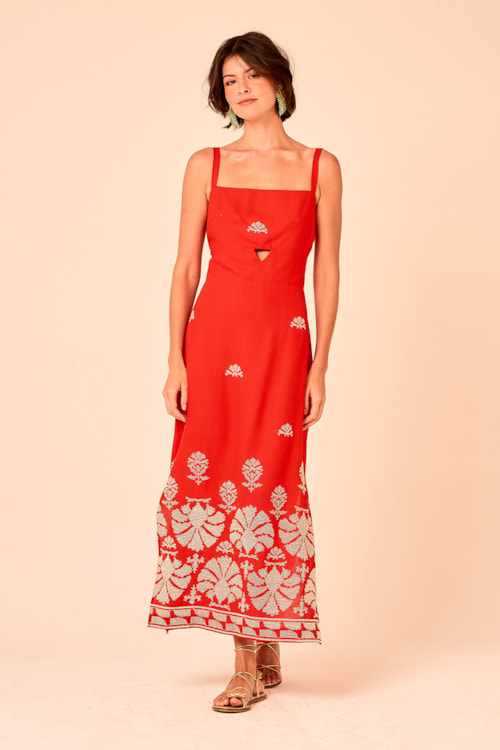 Vestido Cropped Bordado Tropical Vermelho - foto 3
