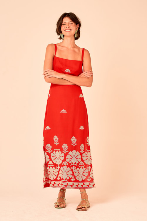 Vestido Cropped Bordado Tropical Vermelho - foto 1