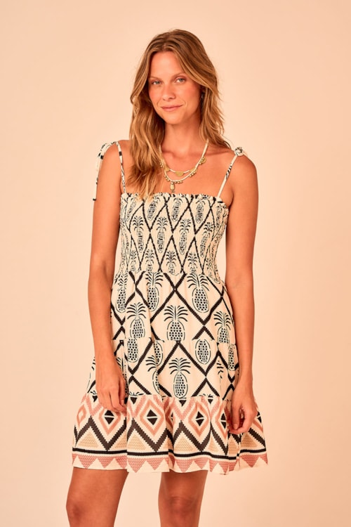 Vestido Curto Abacaxi Barrado Estampado - foto 1
