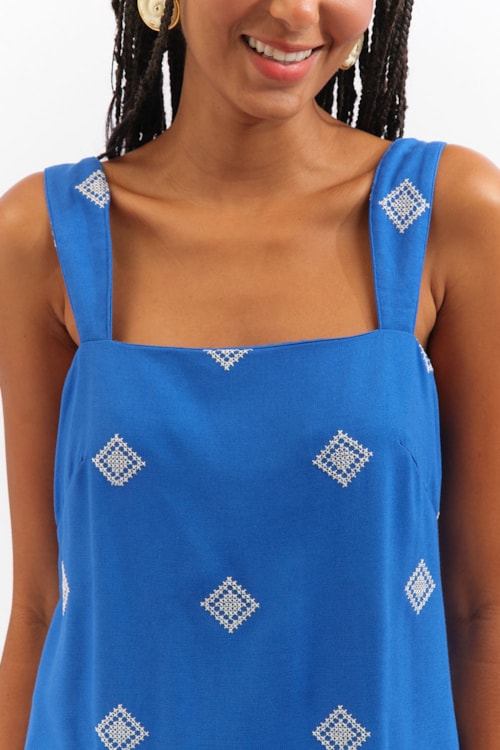Vestido Curto Bordado Geometrico Azul Gruta - foto 3