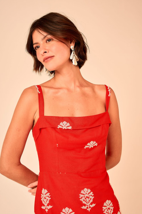 Vestido Curto Bordado Tropical Vermelho - foto 4