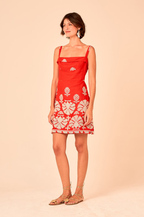 Vestido Curto Bordado Tropical Vermelho - foto 3