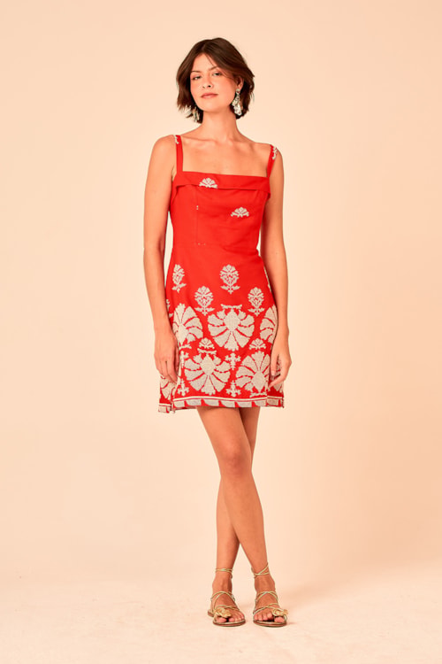 Vestido Curto Bordado Tropical Vermelho - foto 1