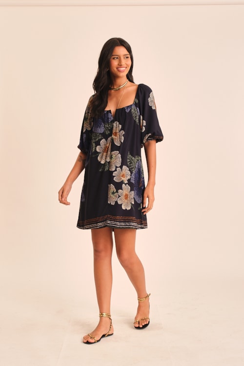 Vestido Curto Flor De Acafrao Estampado - foto 1
