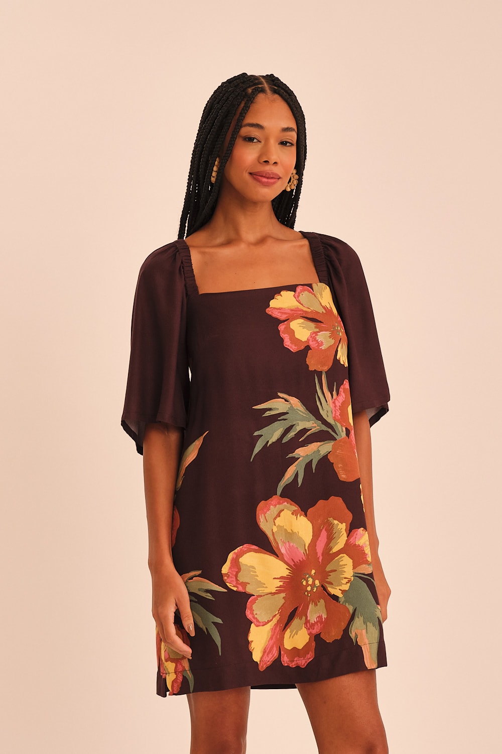 Vestido Curto Floral Castanho Estampado
