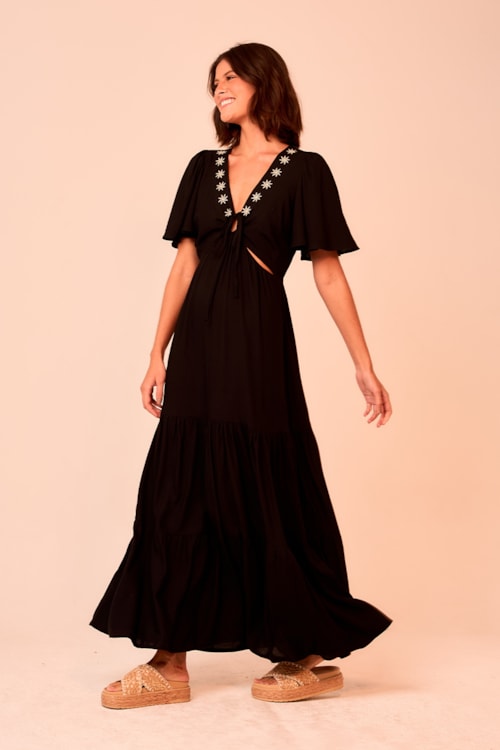 Vestido Longo Bordado Estrela Preto - foto 2