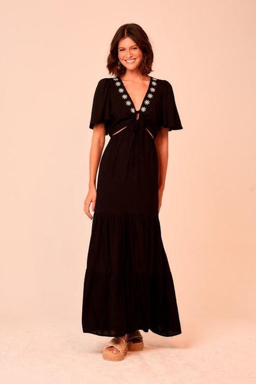 Vestido Longo Bordado Estrela Preto - foto 1