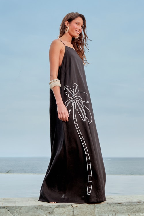 Vestido Longo Coqueiro Bordado Preto - foto 1