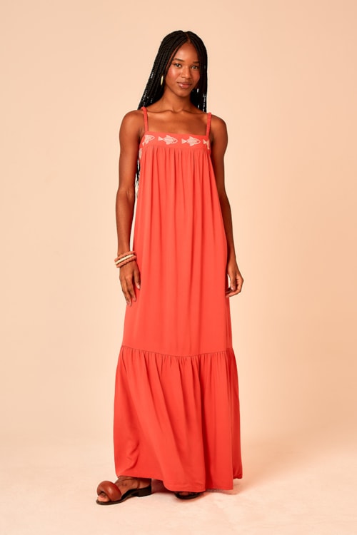 Vestido Longo Peixe Bordado Vermelho - foto 1