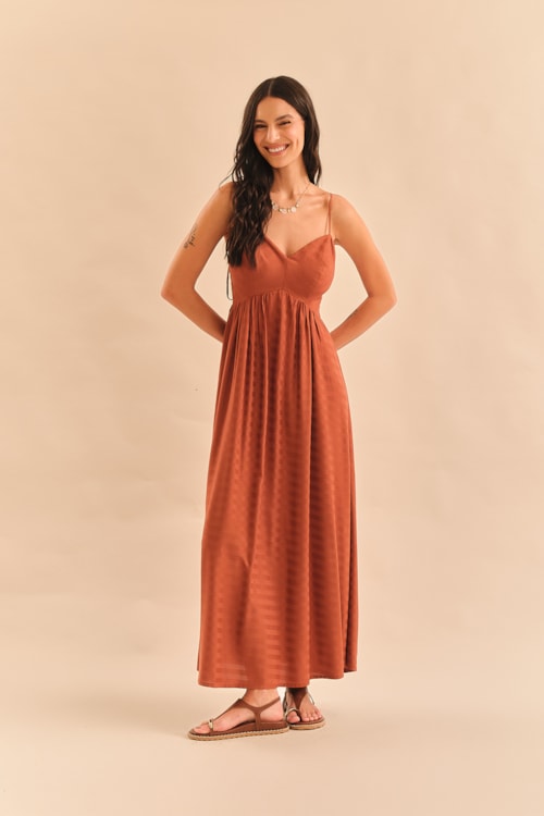 Vestido Maquinetado Stripe Marrom Terra - foto 1